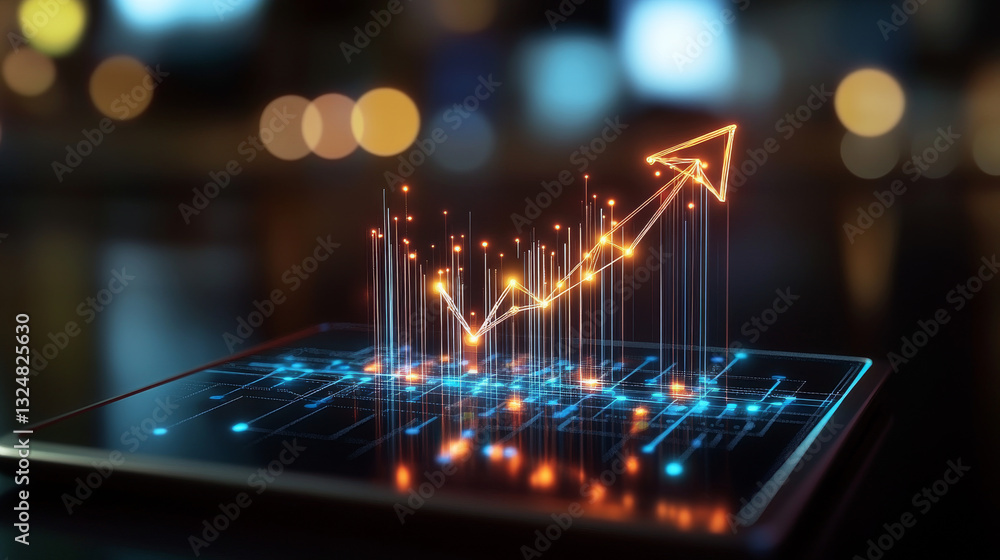 Poster an arrow on tablet low poly wireframe illustration. polygonal software progress, technology upgrowth