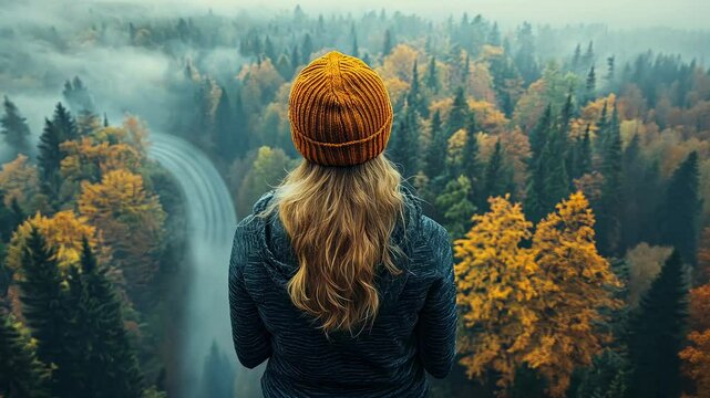 Autumnal Vista: Woman Contemplating Scenic Road Winding Through Misty Forest