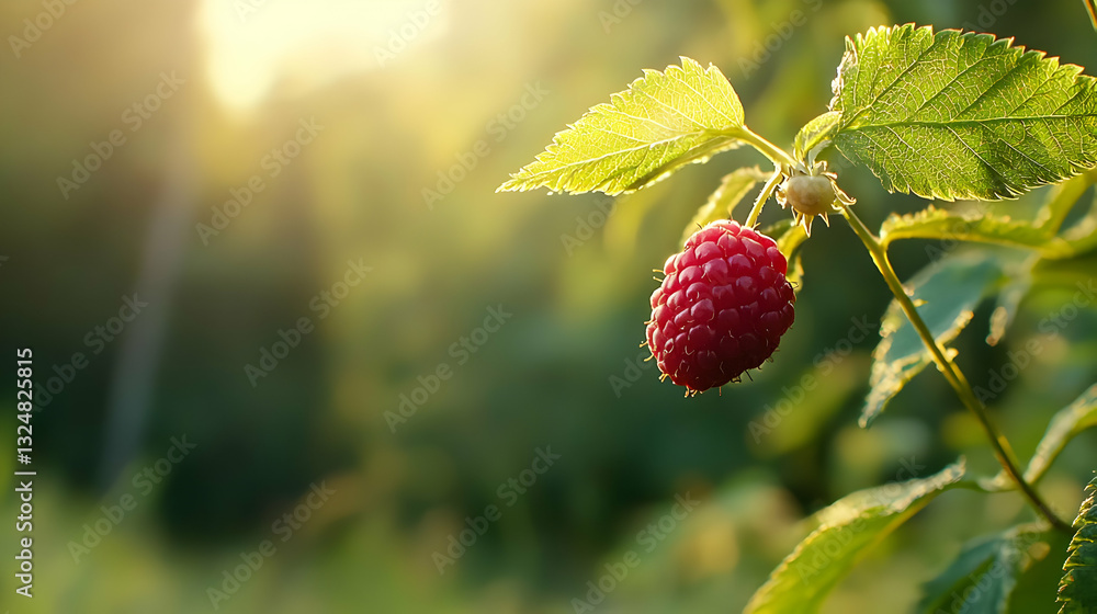 Poster close up of a single ripe red raspberry on a green leafy branch with sunlight and soft background