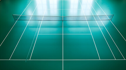 Dynamic Top-Down Perspective: A Vivid Green Badminton Court in a Serene Sports Hall Setting