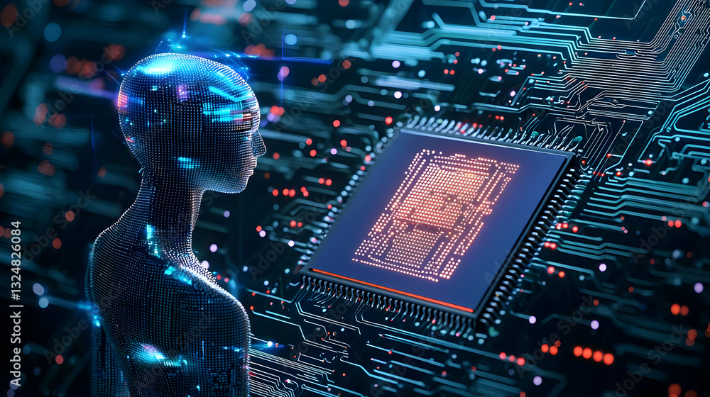 Poster blue humanoid robot examining glowing orange microchip on complex dark circuit board in futuristic d