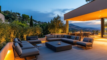 Obraz premium Luxury Villa Terrace at Dusk: Panoramic View and Modern Furniture
