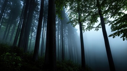 Obraz premium A tranquil forest is shrouded in mist as tall trees rise majestically. The early morning light filters through the fog, creating a peaceful atmosphere