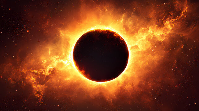 Stunning view of a solar eclipse showcasing a darkened sun with radiant corona in the background. Ecliptic Light. Illustration