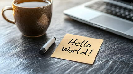 A Brown Coffee Cup A Laptop And A Yellow Sticky Note With Hello World Written On It Placed On A Dark Speckled Surface With A White Marker Beside It