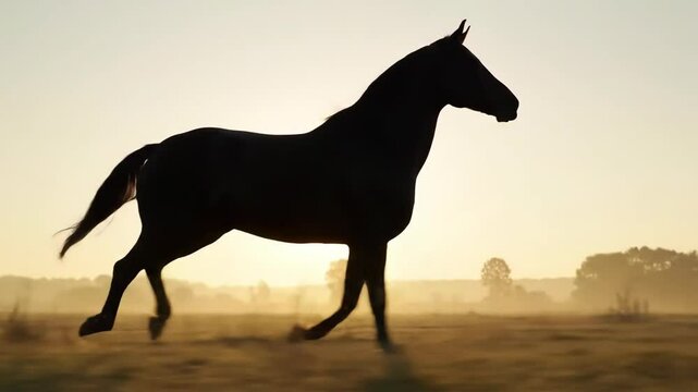 Majestic horse silhouette galloping across misty field at sunrise. Cinematic slow motion footage of wild stallion running in golden morning light. Freedom and natural beauty concept.