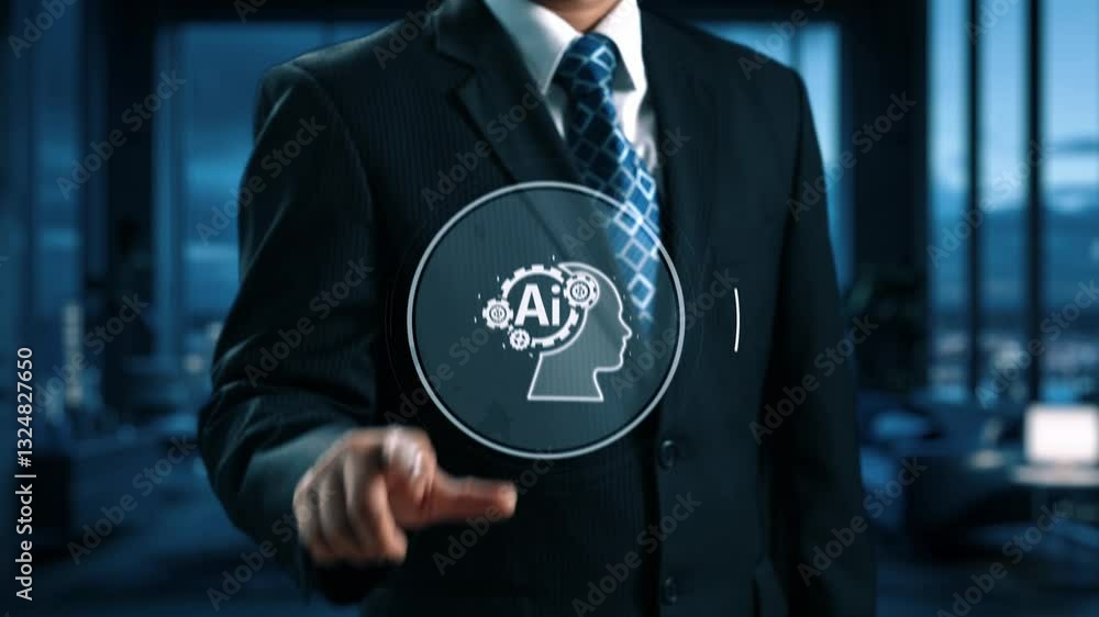 Poster human interact with ai artificial intelligence brain processor in concept of ai artificial intellige