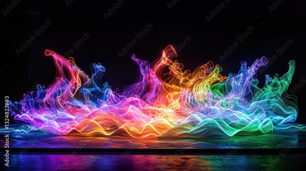 Poster multiple vibrant light trails intertwine to form waves of color at an artistic exhibition in a moder