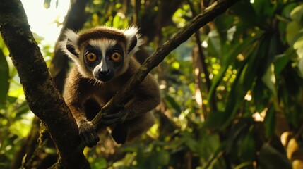Fototapeta premium A curious crowned lemur clinging to a tree branch in a lush rainforest.