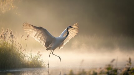 Fototapeta premium A red-crowned crane in flight at sunrise, wings outstretched, legs extended.