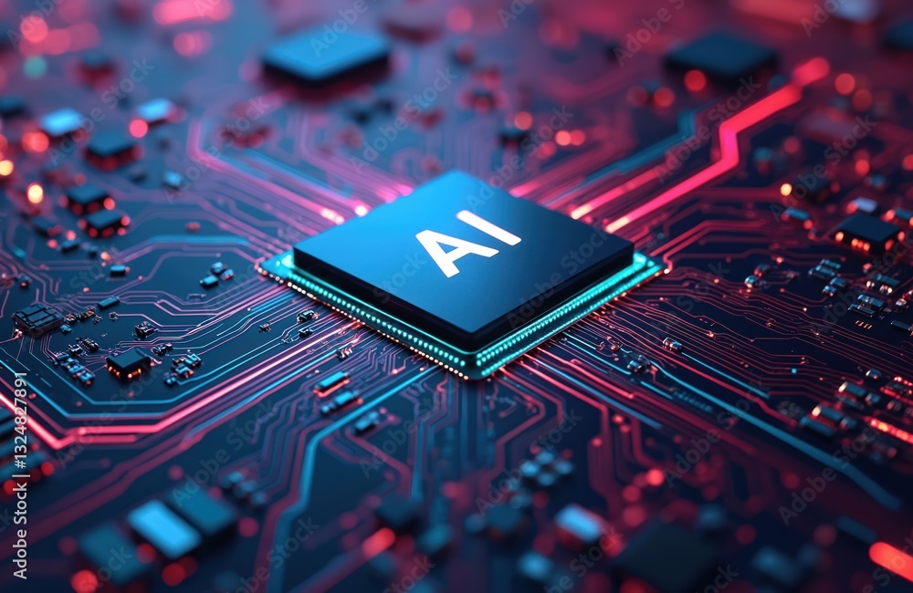 Poster Abstract computer circuit board with glowing neon lines. AI CPU chip dominates tech cyberspace design, symbolizes futuristic innovation, digital electronic technology, modern artificial intelligence.