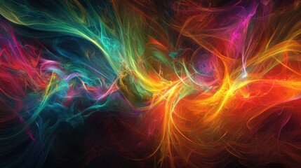 Fototapeta premium A vivid, swirling composition showcases a blend of bright colors on a dark background, creating a flowing, dynamic energy. The artwork appears full of life and creativity