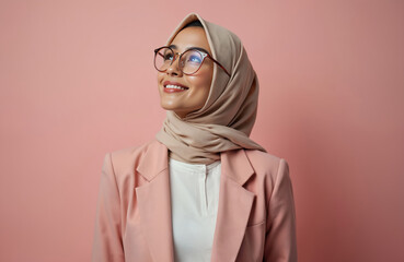 Portrait of beautiful smiling asian muslim woman in hijab wearing glasses and pink blazer looking up with hope. Pretty adult girl poses with joyful facial expression on pink background.