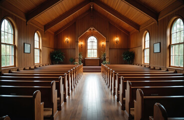 Interior of little country church in Great Smoky Mountains National Park. Empty christian building with wooden pews, altar, cross. Simple old fashioned traditional architecture, religion concept.