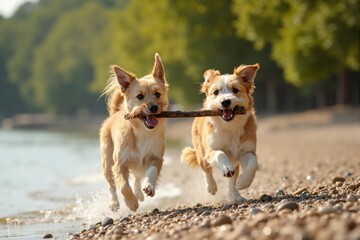 Two happy dogs running on a rocky beach sharing a stick, playful canine duo in motion on a sunny day with blurred green background