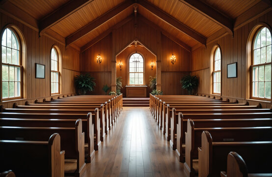 Interior of little country church in Great Smoky Mountains National Park. Empty christian building with wooden pews, altar, cross. Simple old fashioned traditional architecture, religion concept.