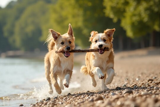 Two happy dogs running on a rocky beach sharing a stick, playful canine duo in motion on a sunny day with blurred green background