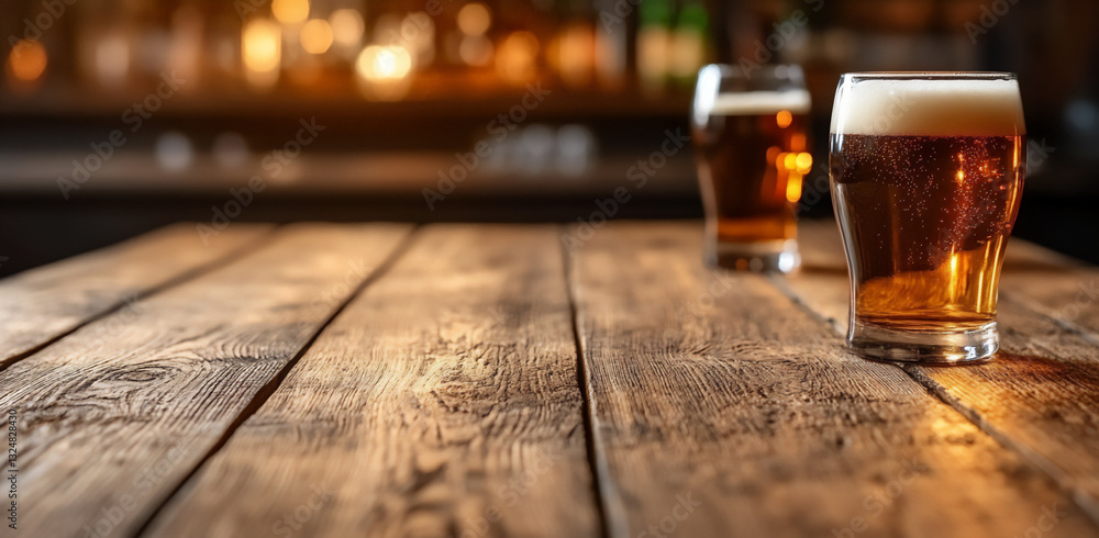 Poster empty wooden table top with a blurred bar counter background for product d