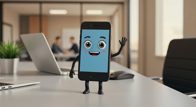 Tel&eacute;fono m&oacute;bil estilo personaje cartoon. Est&aacute; en una oficina saludando feliz.