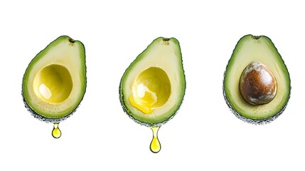 Drops of oil dripping from avocado isolated