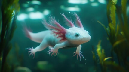 Albino axolotl swimming underwater among aquatic plants.