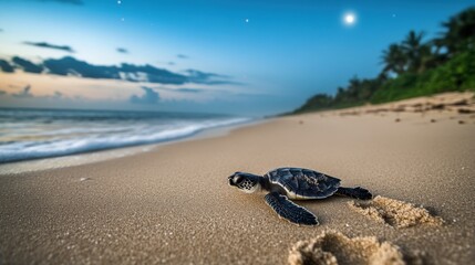 Obraz premium Baby sea turtle crawling on sandy beach towards ocean at night.