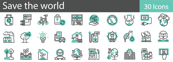 Save the World Line Icons Set. Collection of 30 outline icons representing environmental conservation, sustainability, and global protection.  vector illustration.