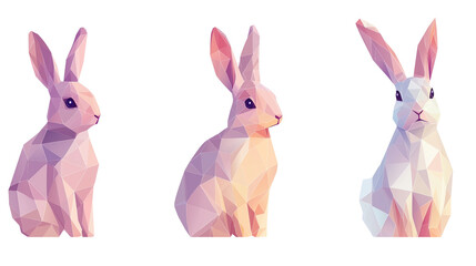 Fototapeta premium Illustration, set of Low-poly 3D bunny in pastel tones, modern digital aesthetic, clean angles, sleek and artistic composition, isolated on transparent background. Design element for easter card.