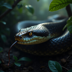 Fototapeta premium Closeup of a venomous snake in a lush green forest environment