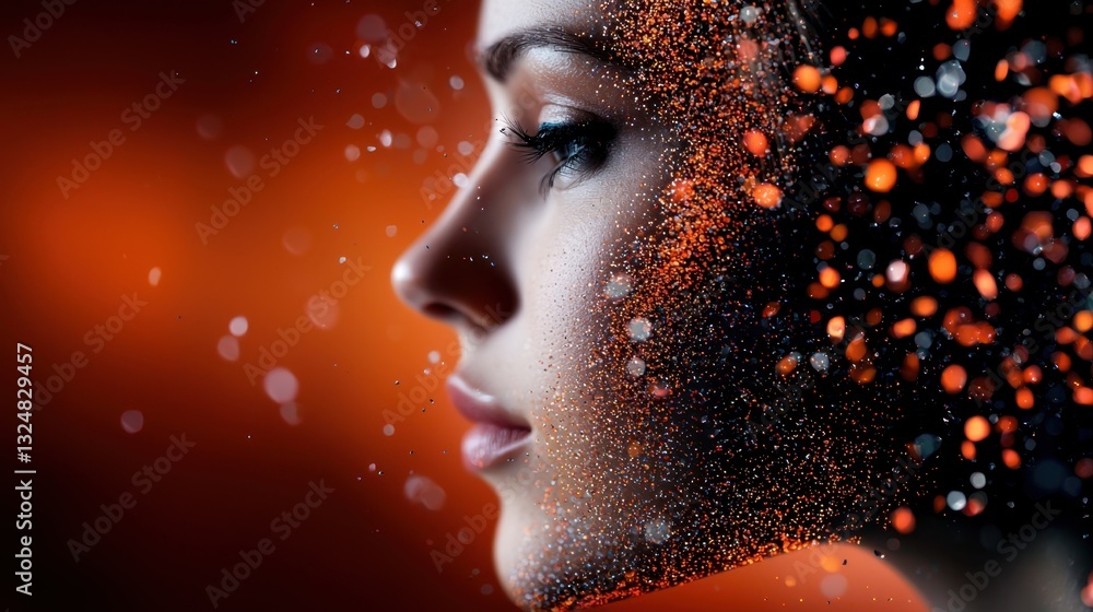 Poster a young womans profile is depicted in a stylized way, merging her features with swirling particles a