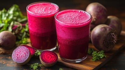 Two glasses of vibrant beet juice with fresh beets on rustic wooden board