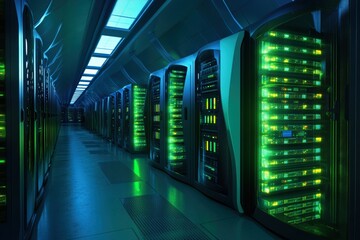 Glowing data server farm with advanced security measures for artificial intelligence operations Generative AI