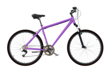 Purple bicycle, side view. Black leather saddle and handles. Png clipart isolated on transparent background