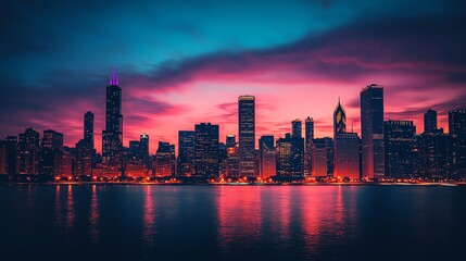 Fototapeta premium The photo captures the Chicago skyline at dusk with illuminated skyscrapers against a twilight sky, presenting a cityscape element for design or collage
