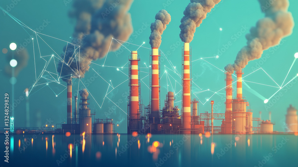 Poster co2 emissions low poly art illustration. 3d polygonal factory pipes producing gases. industrial air 