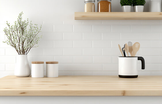 empty wooden table top with a blurred white kitchen interior background fo
