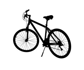 Fototapeta premium Black silhouette of bicycle standing while leaning on kickstand, top view. Bike resting on kick stand isolated on white background, 3D illustration