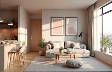 Fototapeta premium Scandinavian style small studio apartment in light pastel colors. Stylish living room, kitchen space with furniture, chairs, bed. Big window overlooking city. Modern nobody interior, cosy trendy