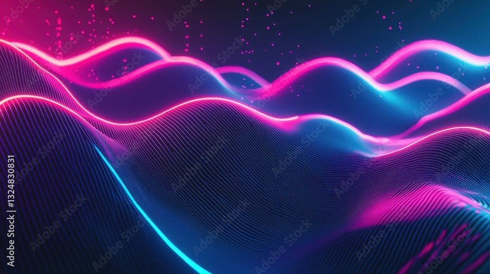 Poster neon wave patterns undulate across a dark landscape, illuminated in shades of pink and blue. the col