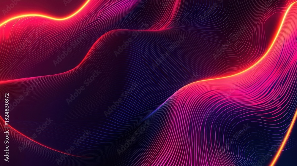 Poster bright neon waves of pink and orange flow seamlessly across a dark backdrop, showcasing intricate li