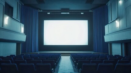 Fototapeta premium Empty movie theater with a blank white screen, blue seats, and blue curtains. Ideal for cinema, entertainment, film, or presentation mockup visuals.