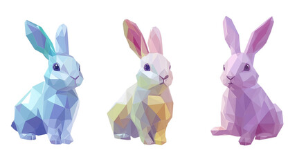 Obraz premium Illustration, set of Low-poly 3D bunny in pastel tones, modern digital aesthetic, clean angles, sleek and artistic composition, isolated on transparent background. Design element for easter card.