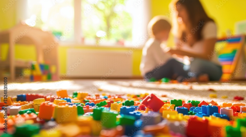 Poster a child sits on the floor surrounded by colorful building blocks while a parent interacts and assist