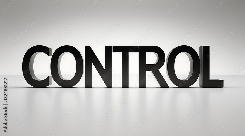 Poster bold black text spelling control on a minimalistic surface with soft lighting effects