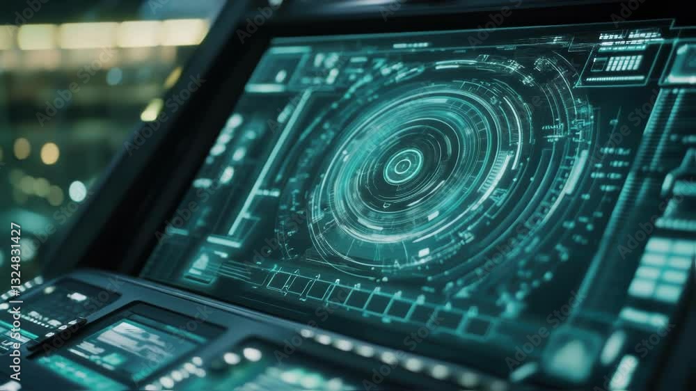 Poster futuristic control panel displaying complex data visualization with holographic interface in modern 