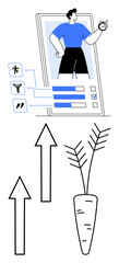 Fitness app screen monitors activity levels, health metrics, and goals. Arrows and growing carrot depict progress, health improvement. Ideal for fitness, health, productivity, growth motivation