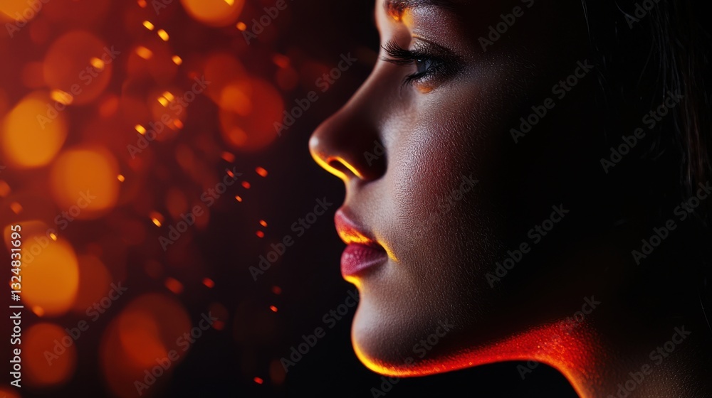 Poster A womans profile is highlighted by warm light and sparkling particles, creating a striking contrast against a dark backdrop, showcasing her features in detail