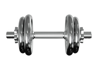 Cast Iron Chrome Adjustable Dumbbell, weightlifting gym equipment, side view. Png clipart isolated...