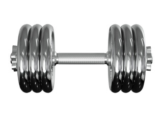 Cast Iron Chrome Adjustable Dumbbell, weightlifting gym equipment, side view. Png clipart isolated on transparent background