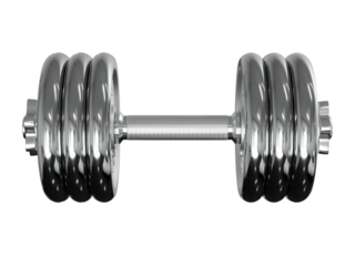 Cast Iron Chrome Adjustable Dumbbell, weightlifting gym equipment, side view. Png clipart isolated on transparent background